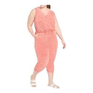 NWT Livi Active Lane Bryant French Terry Jumpsuit 18/20 Coral Acid Wash V-Neck